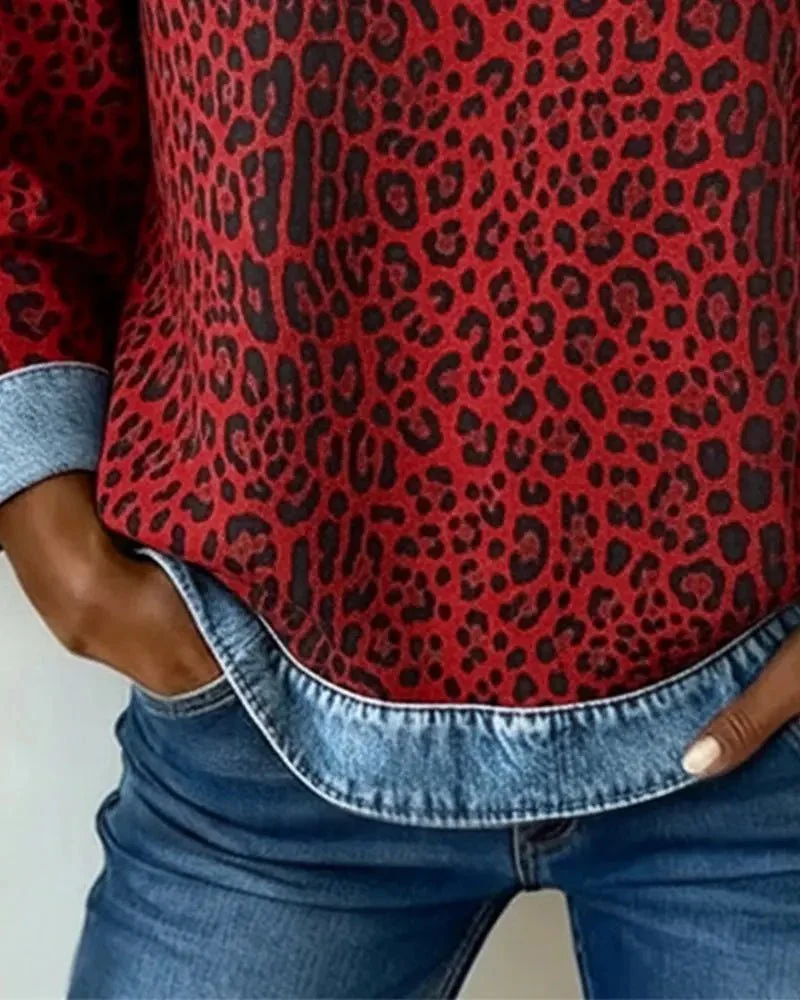 Pull patchwork en denim à imprimé léopard pour femmes