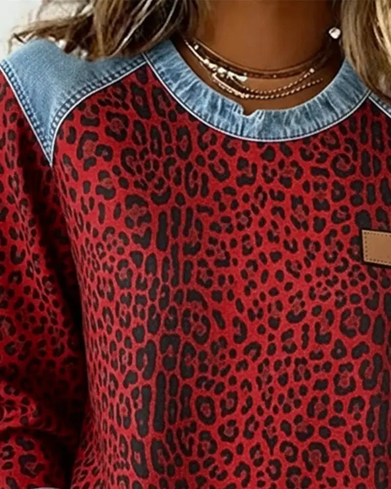 Pull patchwork en denim à imprimé léopard pour femmes