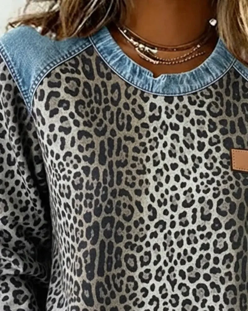 Pull patchwork en denim à imprimé léopard pour femmes