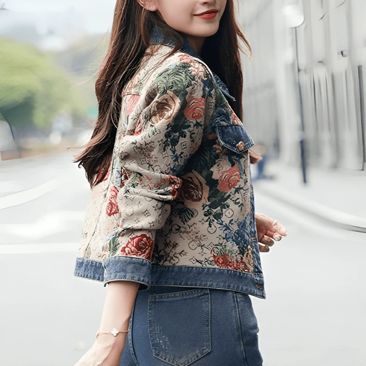 Veste en denim à imprimé floral pour Femmes