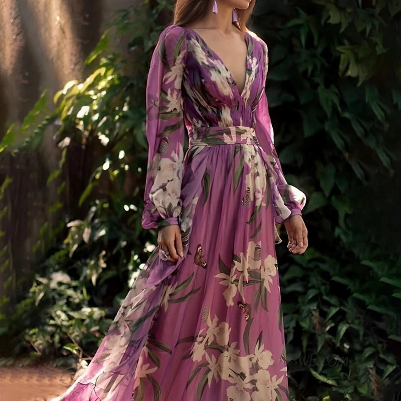 Robe longue en chiffon imprimé fleuri pour femmes