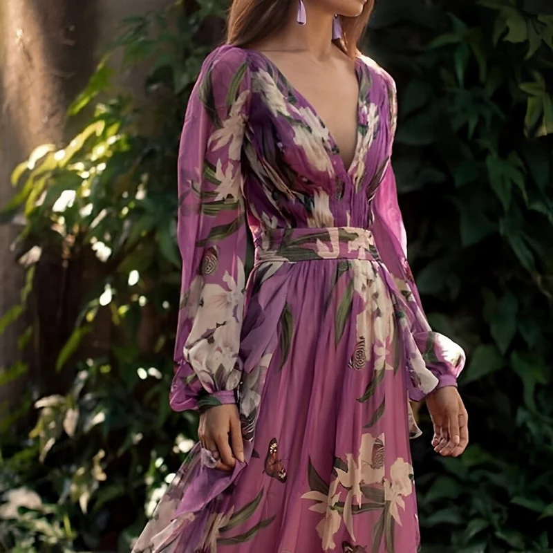 Robe longue en chiffon imprimé fleuri pour femmes