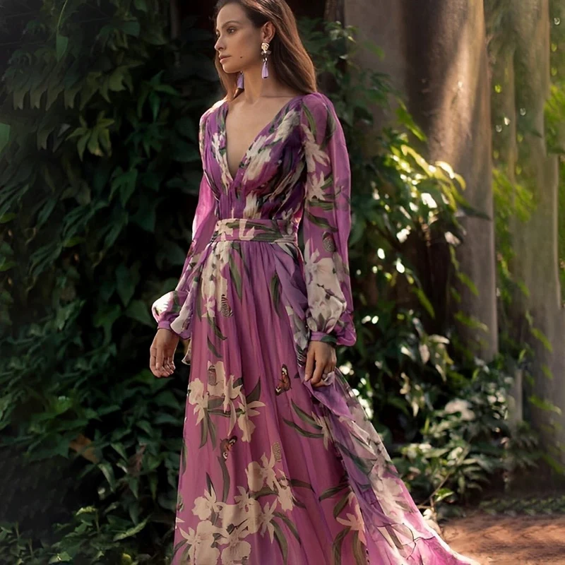 Robe longue en chiffon imprimé fleuri pour femmes