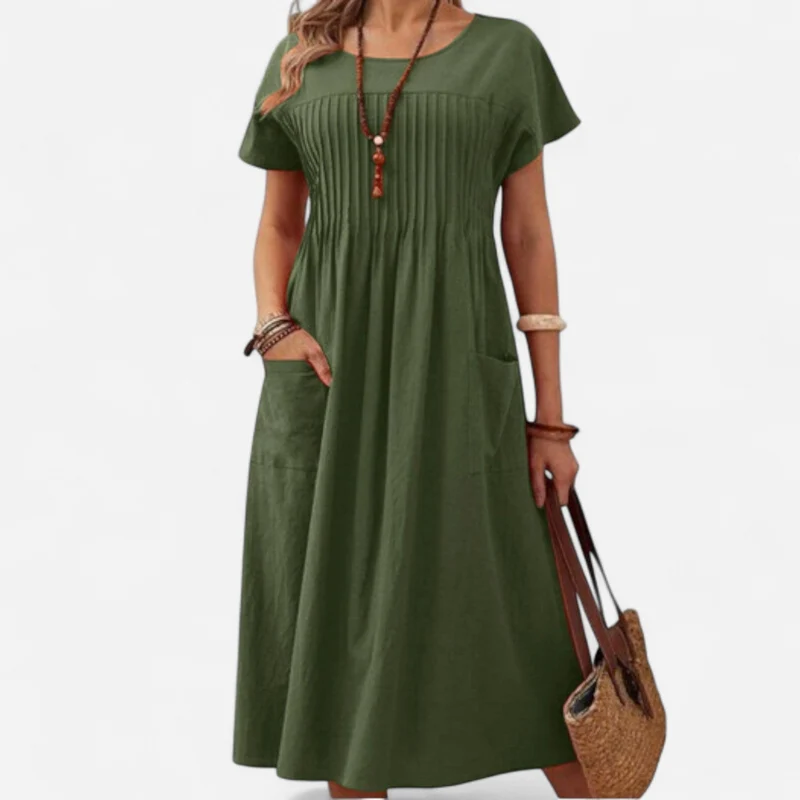 Robe plissée à col rond en coton et lin pour femmes