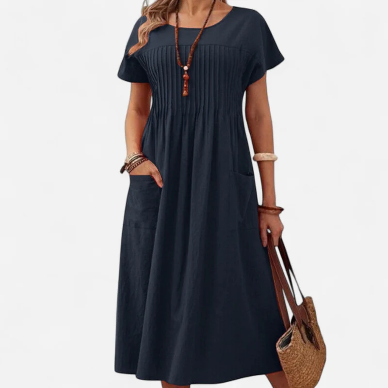 Robe plissée à col rond en coton et lin pour femmes