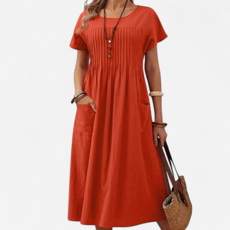 Robe plissée à col rond en coton et lin pour femmes