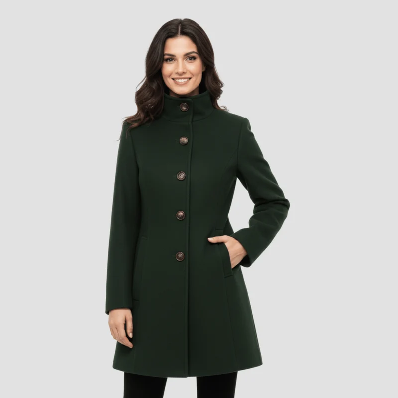 Manteau Boutonné à Col Montant pour Femmes