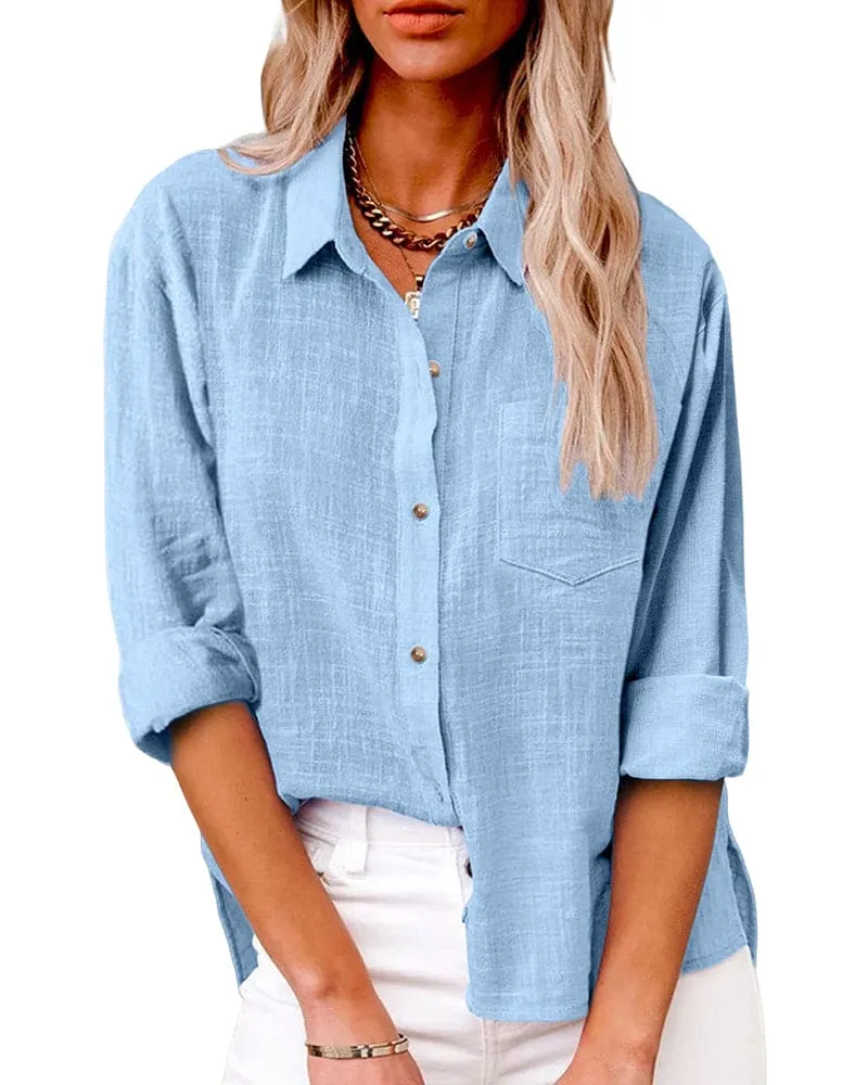 Chemise en Coton et Lin à Manches Longues et Poches pour Femmes
