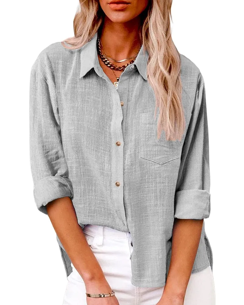 Chemise en Coton et Lin à Manches Longues et Poches pour Femmes