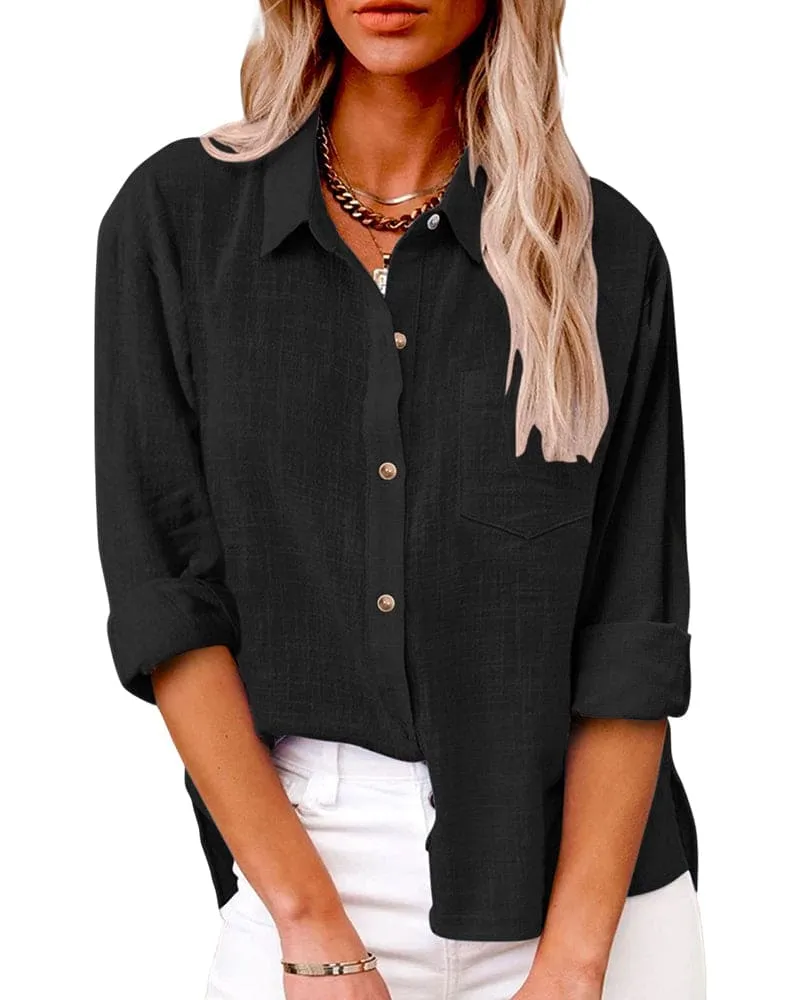 Chemise en Coton et Lin à Manches Longues et Poches pour Femmes