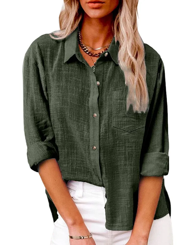 Chemise en Coton et Lin à Manches Longues et Poches pour Femmes