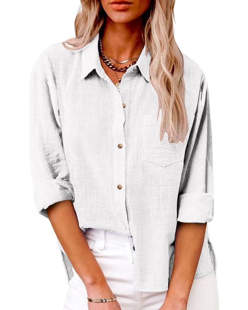 Chemise en Coton et Lin à Manches Longues et Poches pour Femmes