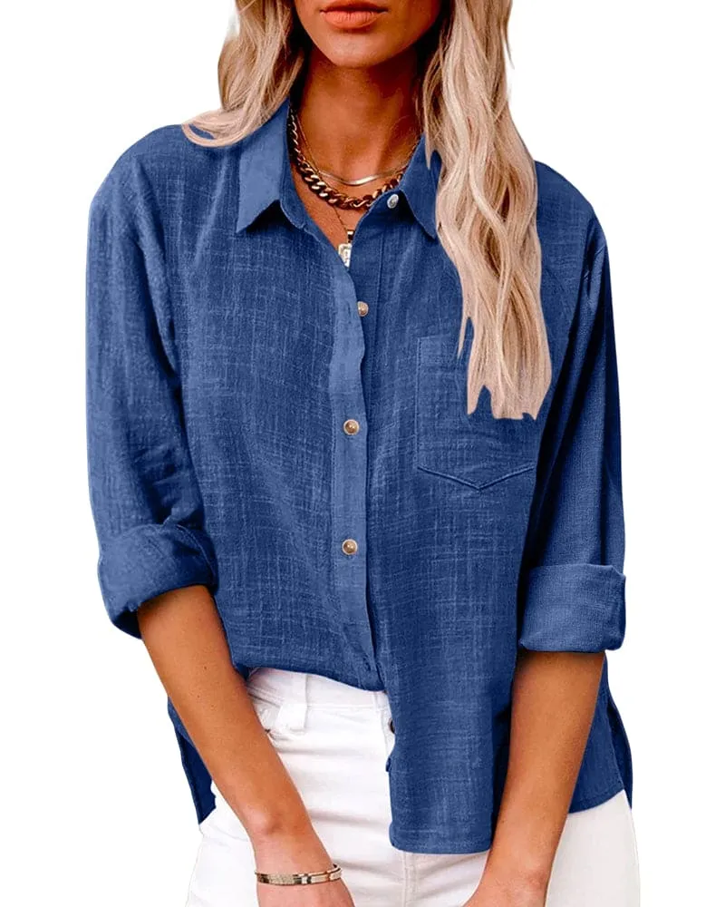 Chemise en Coton et Lin à Manches Longues et Poches pour Femmes