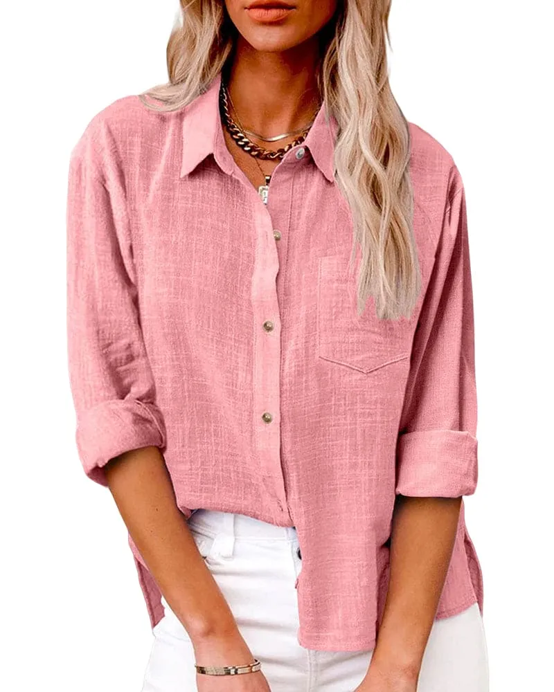Chemise en Coton et Lin à Manches Longues et Poches pour Femmes