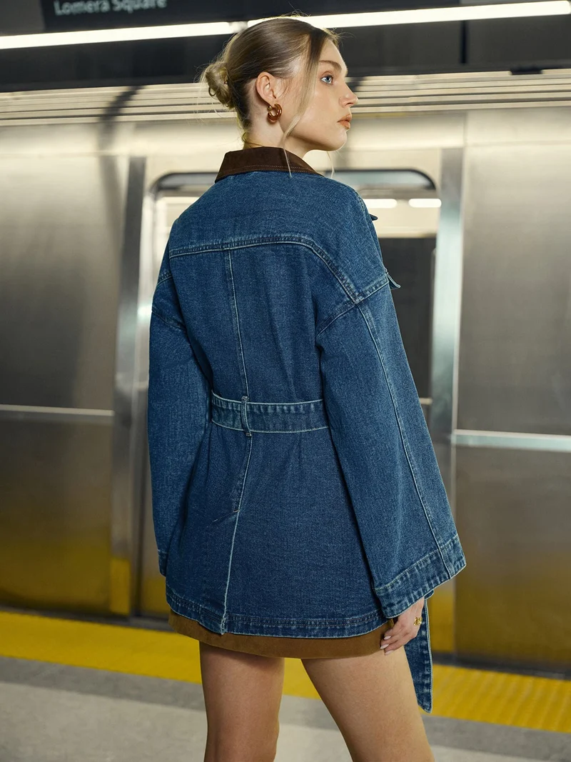 Veste en jean à col rabattu avec ceinture à la taille pour Femme