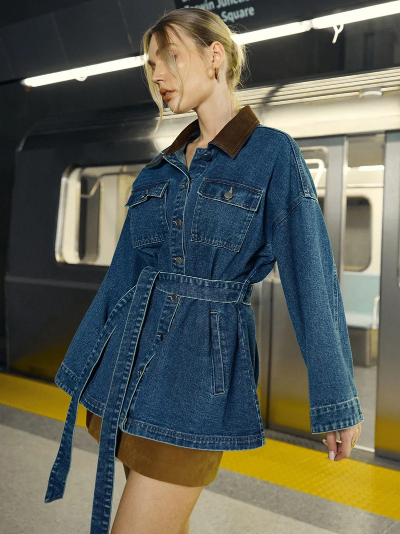 Veste en jean à col rabattu avec ceinture à la taille pour Femme
