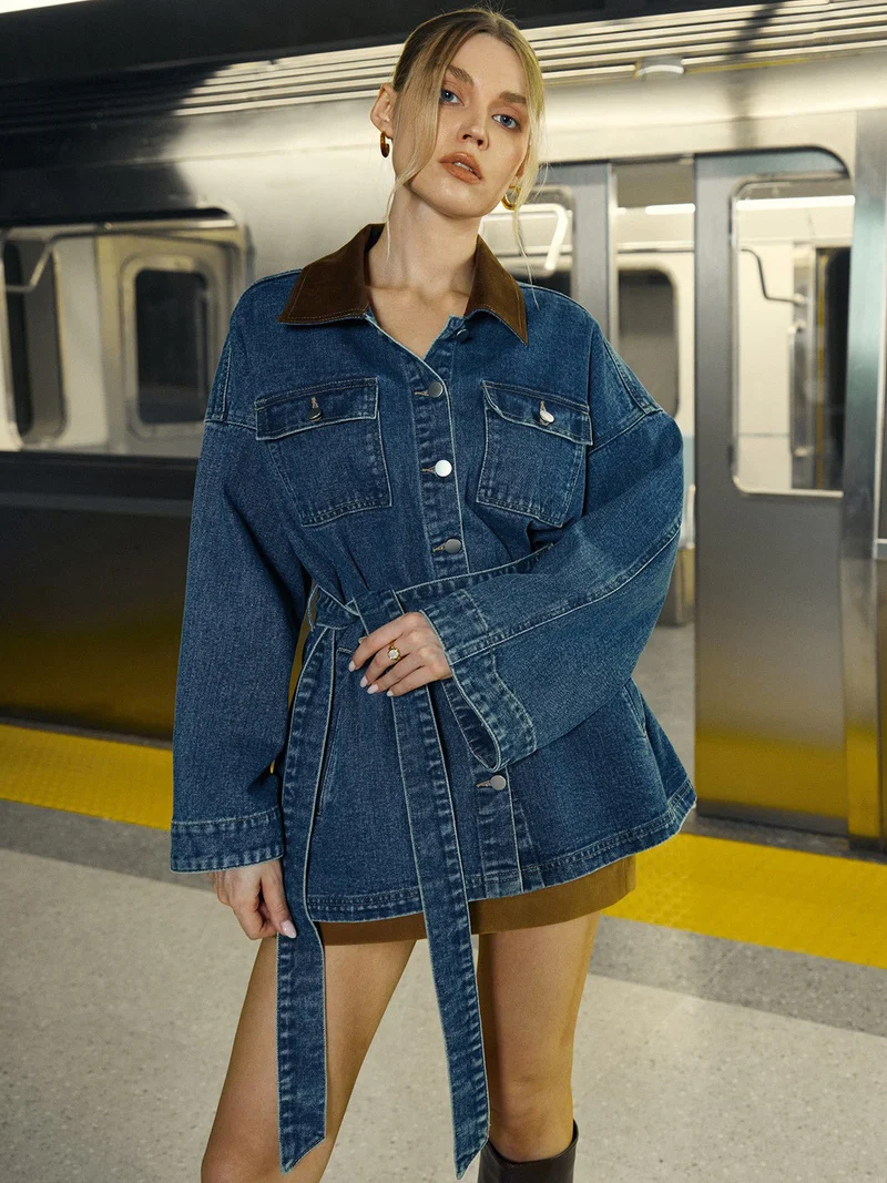 Veste en jean à col rabattu avec ceinture à la taille pour Femme