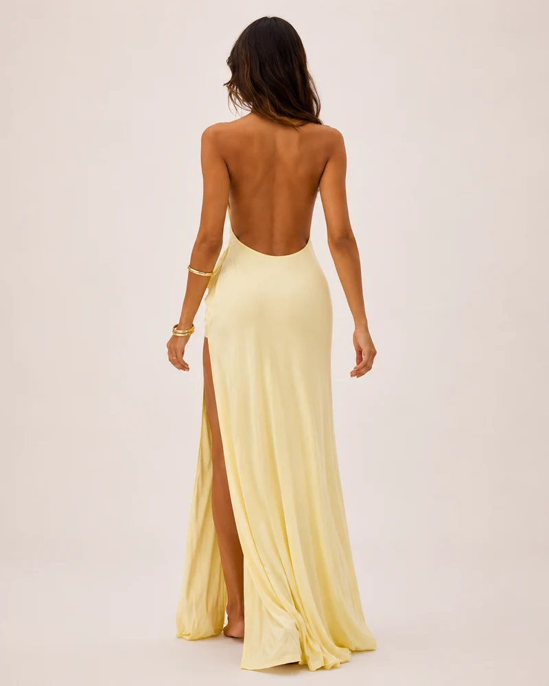 Robe Longue à Col V Profond – Dos Nu, Fentes Hautes, Pour Soirée et Vacances