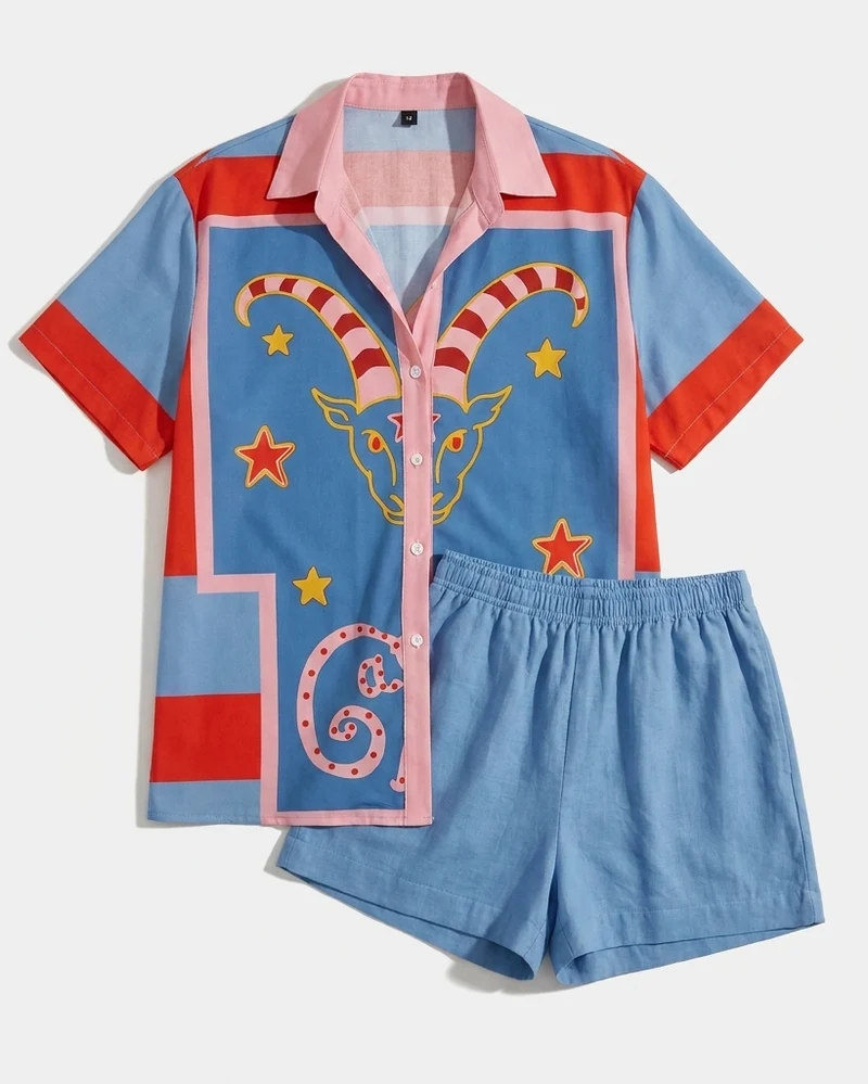 Ensemble Deux Pièces à Imprimé Graphique – Chemise Boutonnée et Short pour Voyages