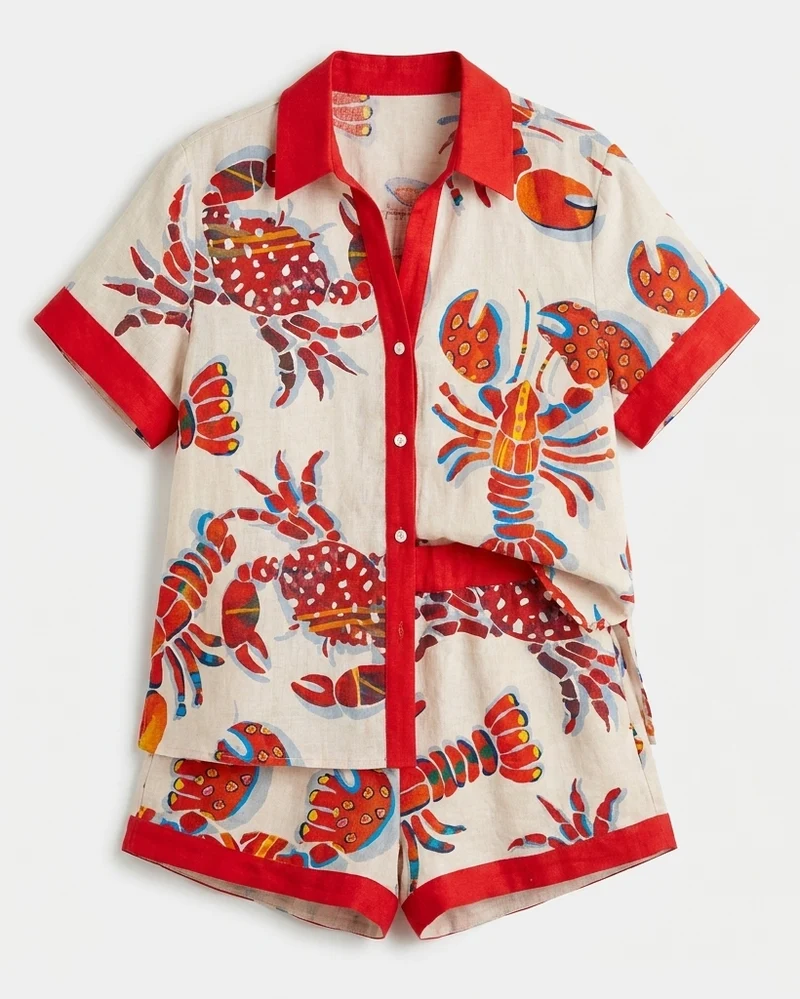 Ensemble Deux Pièces à Imprimé Graphique – Chemise Boutonnée et Short pour Voyages