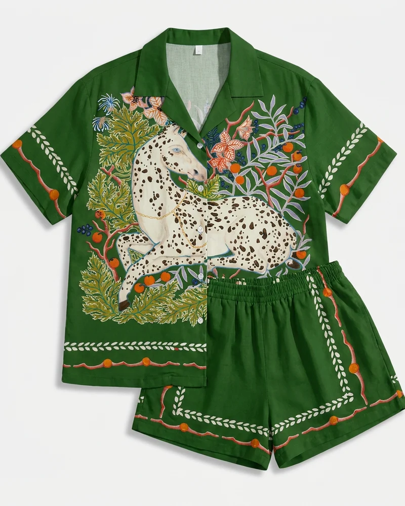 Ensemble Deux Pièces à Imprimé Graphique – Chemise Boutonnée et Short pour Voyages