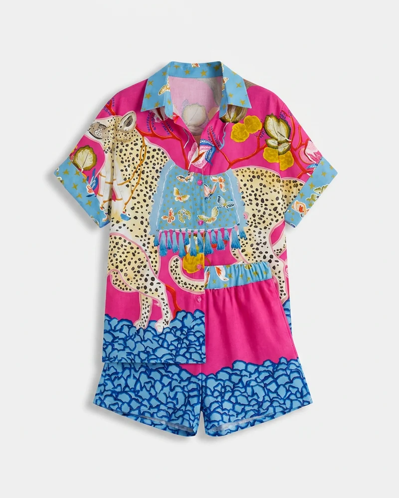 Ensemble Deux Pièces à Imprimé Graphique – Chemise Boutonnée et Short pour Voyages
