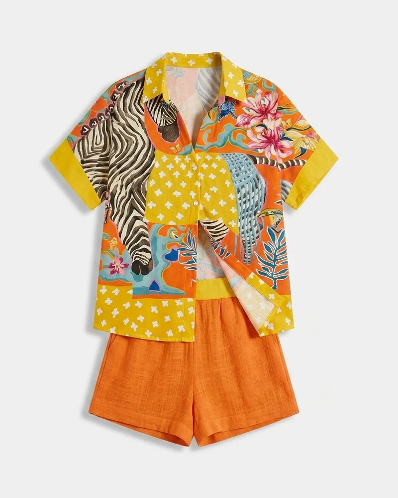 Ensemble Deux Pièces à Imprimé Graphique – Chemise Boutonnée et Short pour Voyages