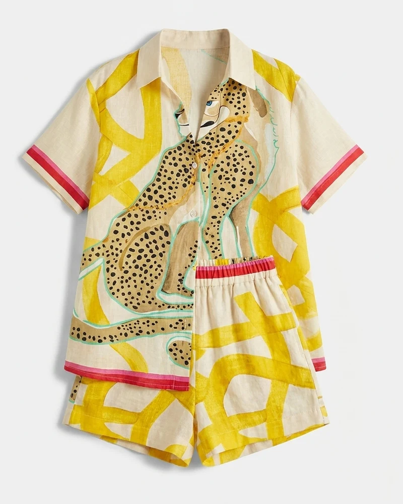 Ensemble Deux Pièces à Imprimé Graphique – Chemise Boutonnée et Short pour Voyages