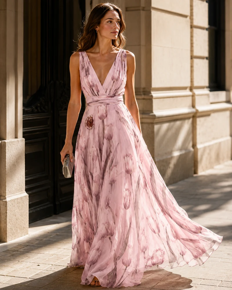 Robe longue en chiffon à motif floral – col en V, coupe A-line, pour mariage et cérémonie