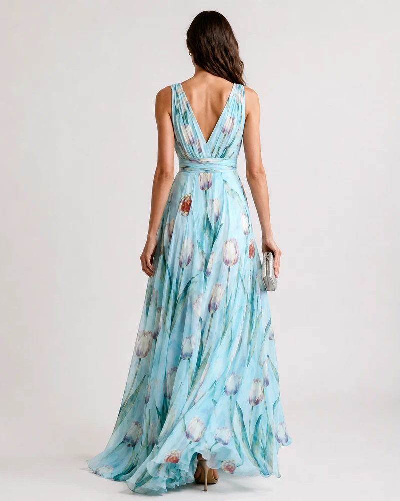 Robe longue en chiffon à motif floral – col en V, coupe A-line, pour mariage et cérémonie