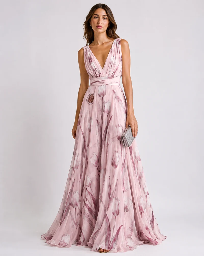 Robe longue en chiffon à motif floral – col en V, coupe A-line, pour mariage et cérémonie
