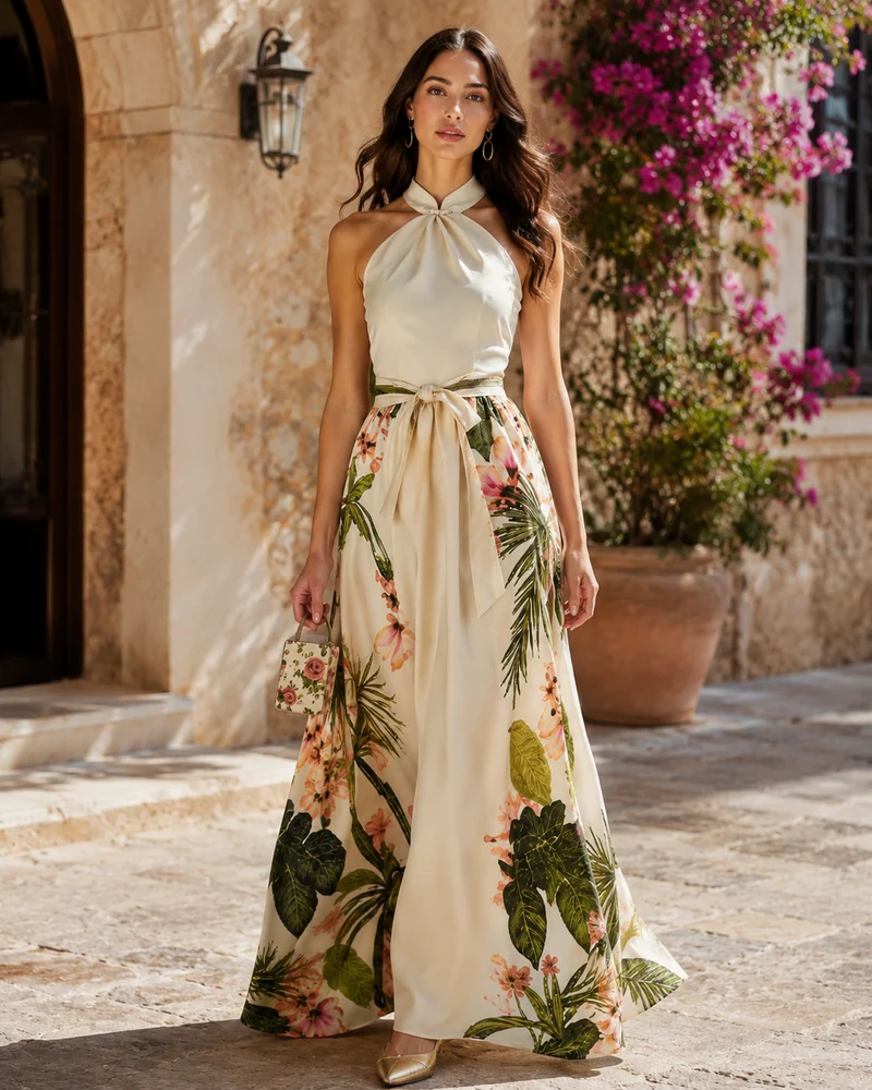 Robe longue à col halter – Taille définie, coupe fluide, pour vacances et soirées