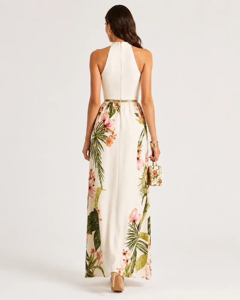 Robe longue à col halter – Taille définie, coupe fluide, pour vacances et soirées