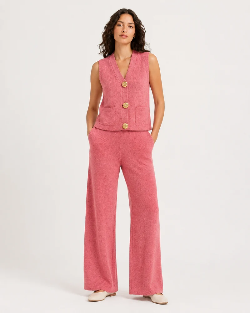 Ensemble en Tricot – Gilet à boutons décoratifs, pantalon assorti, pour le quotidien