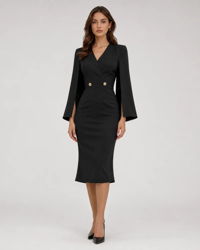 Robe de Cocktail – Col en V manches cape coupe sirène pour soirée et cérémonie