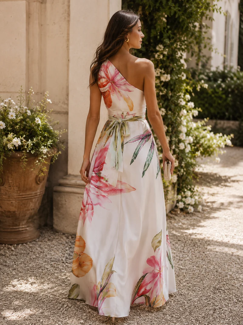 Robe Longue Satinée – Une Épaule, Silhouette Fluide, Pour Mariage et Soirée