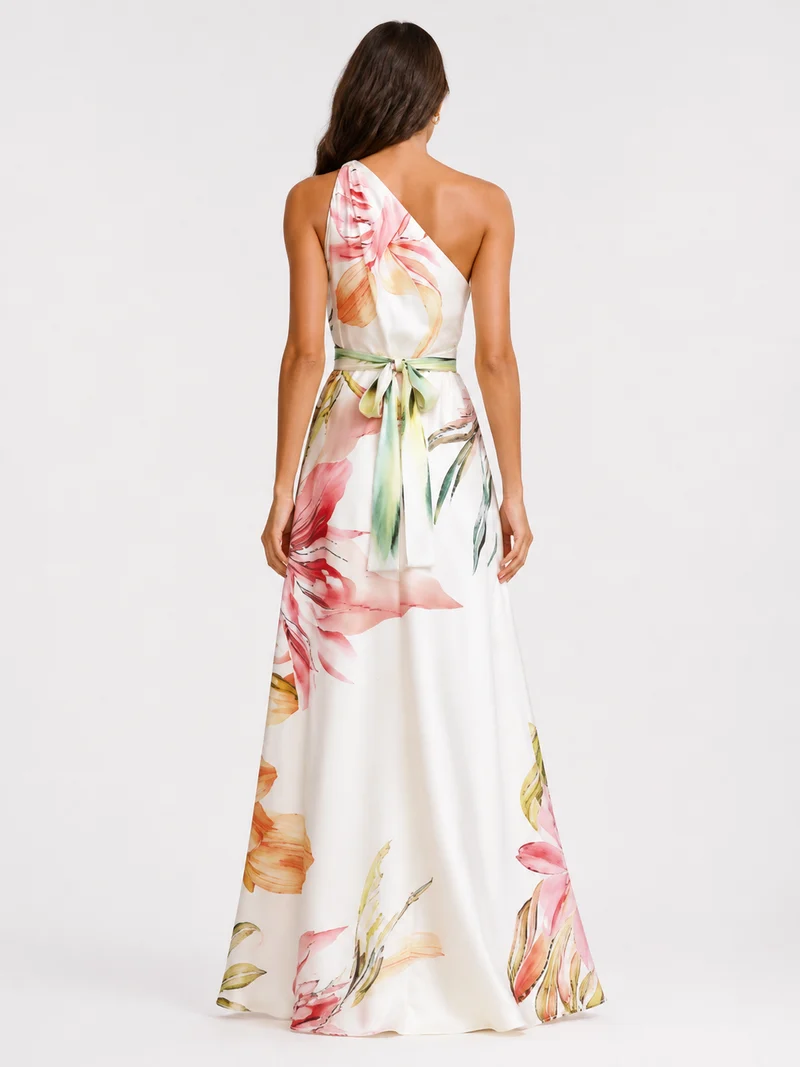Robe Longue Satinée – Une Épaule, Silhouette Fluide, Pour Mariage et Soirée