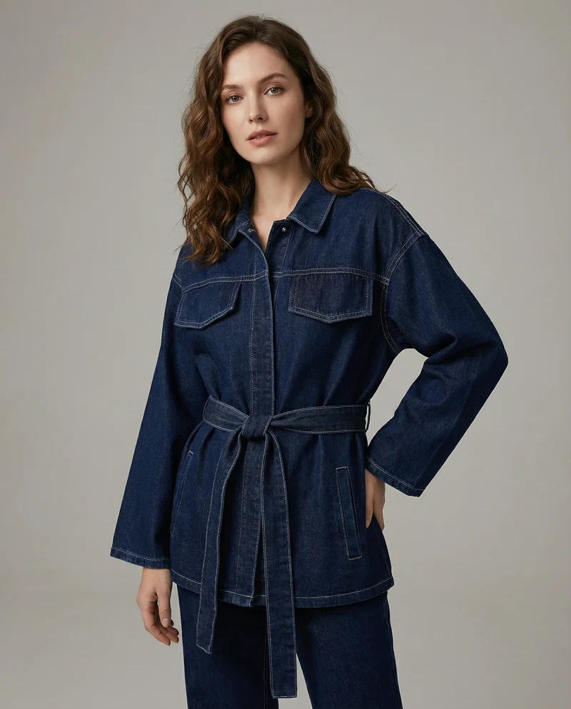 Veste Utilitaire en Denim avec Ceinture à Nouer – Coupe structurée, taille ceinturée, pour le quotidien