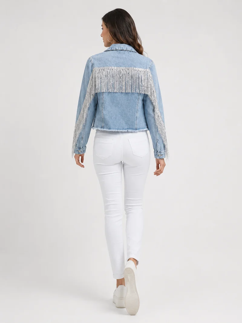 Veste en Jean à Franges - Coupe Courte Structurée, Style Casual Moderne