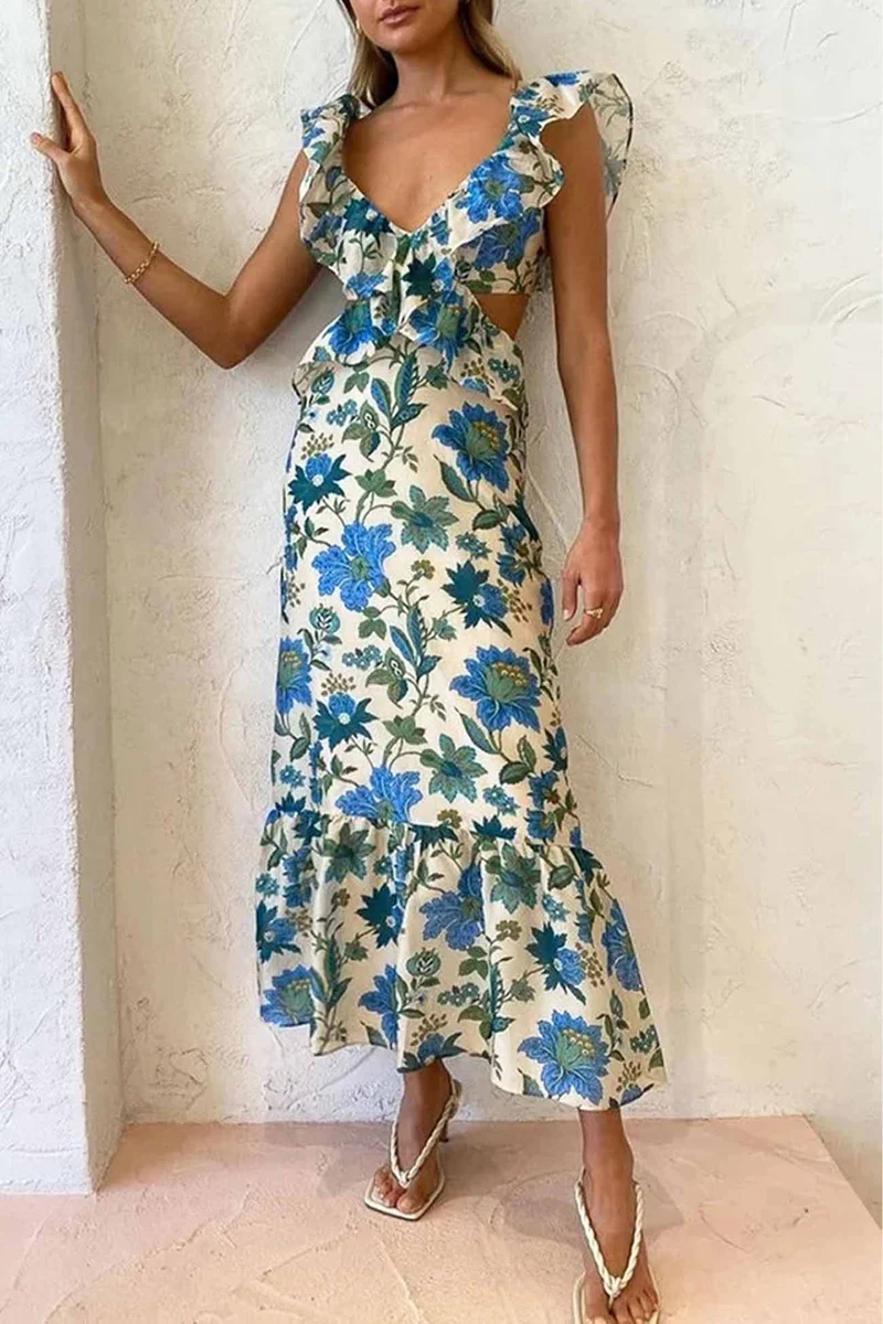 Robe Maxi Col V - Silhouette Fluide à Bretelles Élégantes