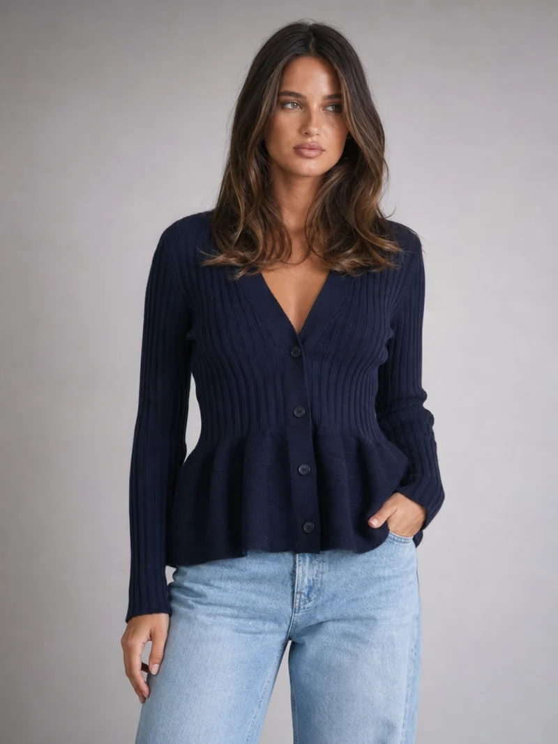 Blouse Peplum Côtelée Col V - Coupe Élégante et Féminine