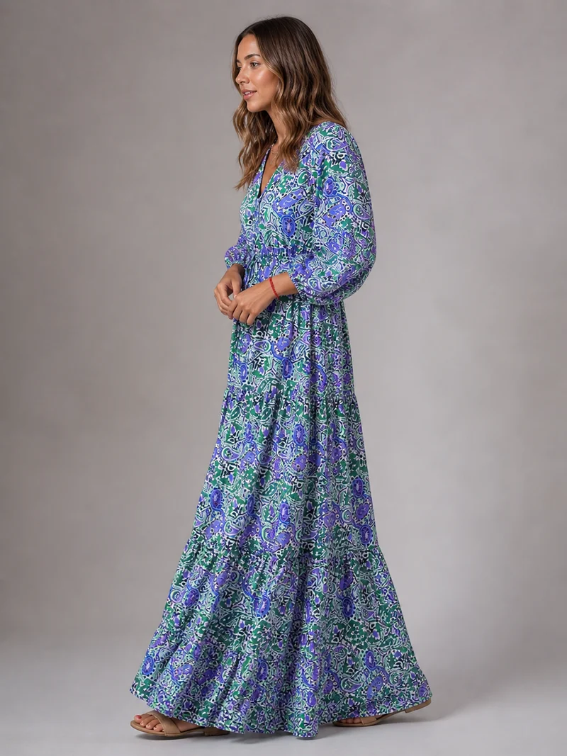 Robe Longue Décolleté V Floral - Look Élégant et Estival