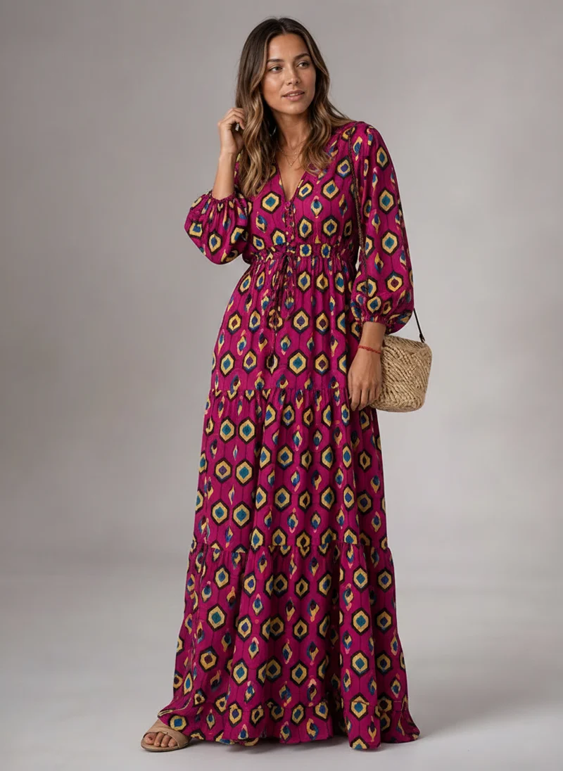 Robe Longue Décolleté V Floral - Look Élégant et Estival