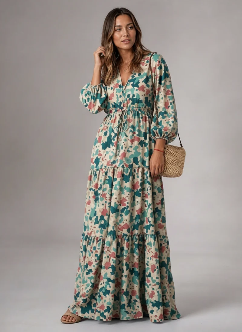 Robe Longue Décolleté V Floral - Look Élégant et Estival