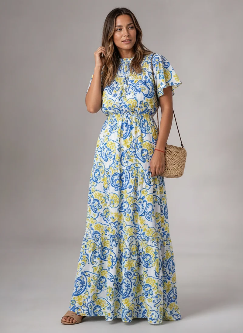 Robe Longue Décolleté V Floral - Look Élégant et Estival