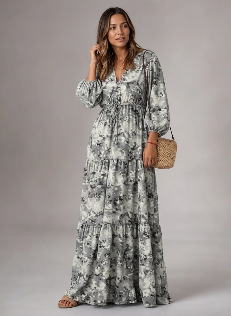 Robe Longue Décolleté V Floral - Look Élégant et Estival