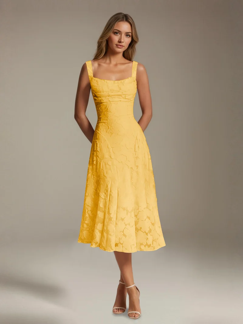 Robe Longue en Dentelle Col Carré - Élégante Silhouette Raffinée