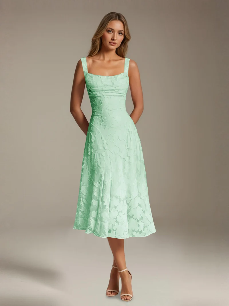 Robe Longue en Dentelle Col Carré - Élégante Silhouette Raffinée
