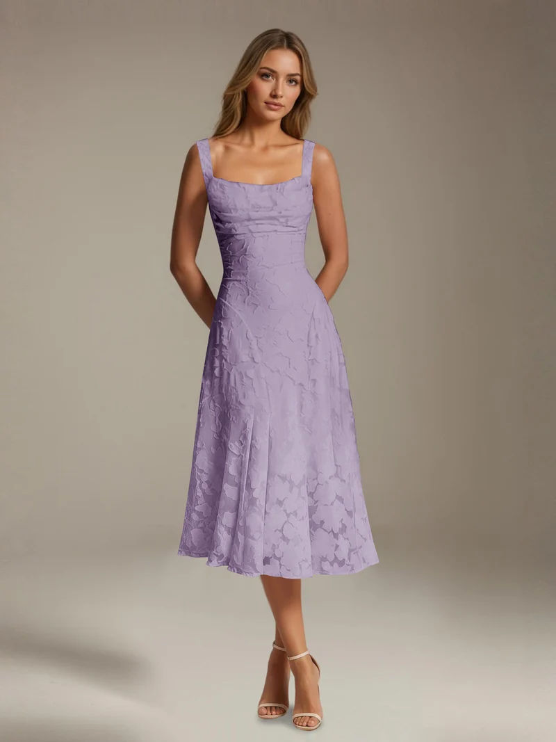 Robe Longue en Dentelle Col Carré - Élégante Silhouette Raffinée