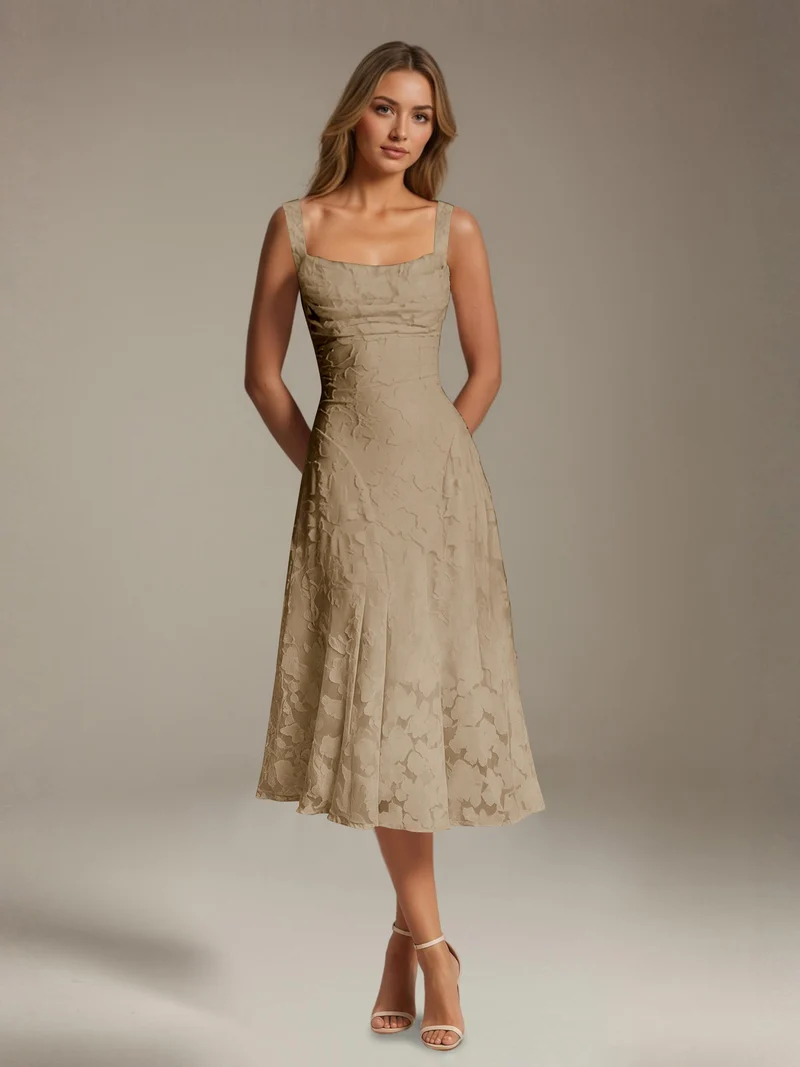 Robe Longue en Dentelle Col Carré - Élégante Silhouette Raffinée